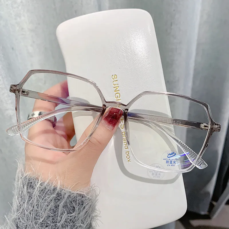 Women's fashion flat glasses with transparent plate frame and AC lenses on a white background