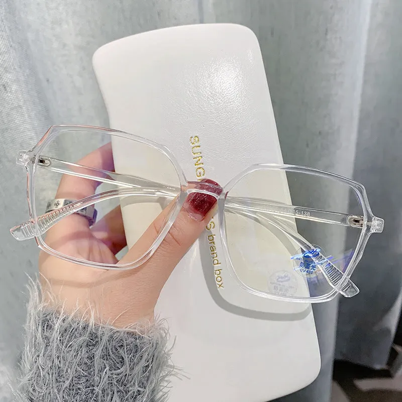 Women's fashion flat glasses with transparent plate frame and AC lenses on a white background