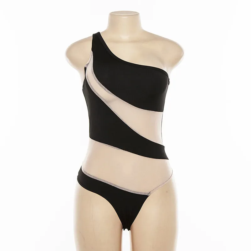 Women's mesh one-piece sleeveless black swimsuit with removable chest pad