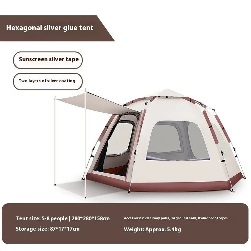 Large beige hexagonal camping tent 280x240x155cm with automatic setup in outdoor setting