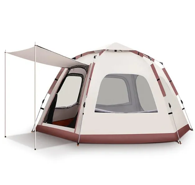 Large beige hexagonal camping tent 280x240x155cm with automatic setup in outdoor setting