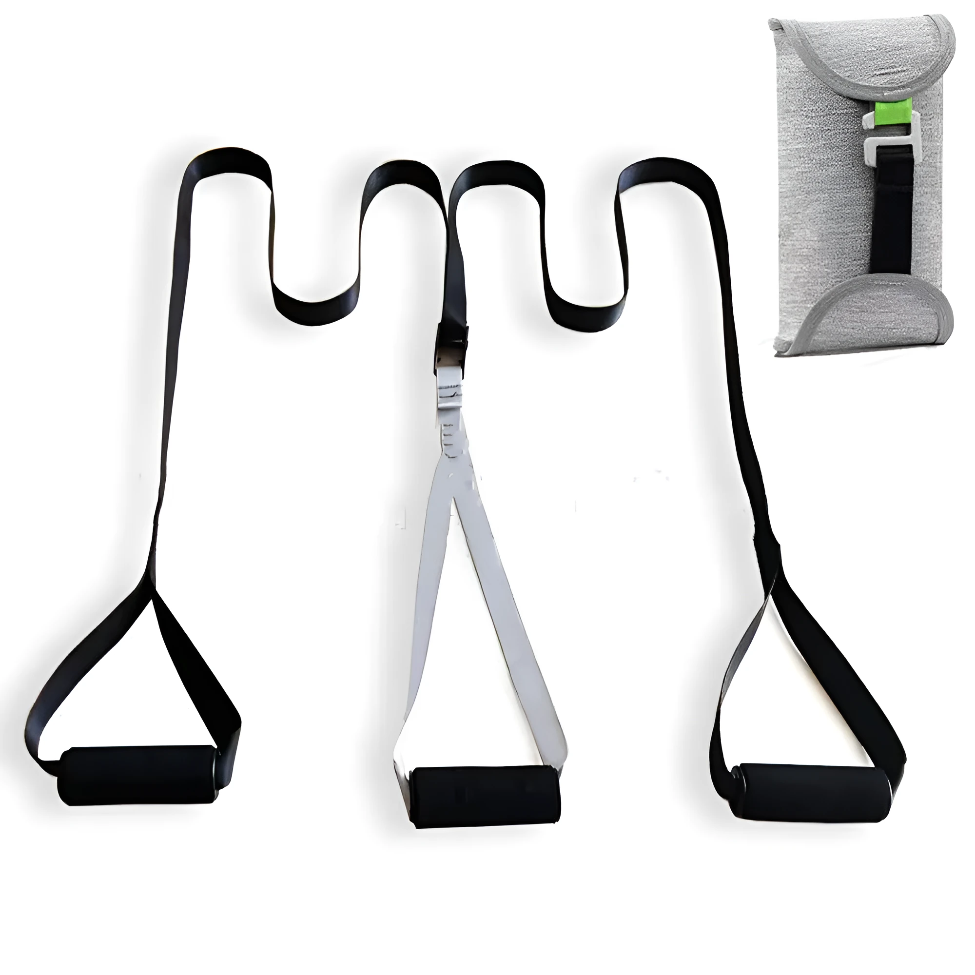 Black suspension training belt resistance band with nylon webbing strap and metal climbing hook