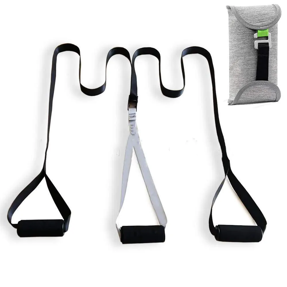 Black suspension training belt resistance band with nylon webbing strap and metal climbing hook