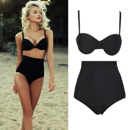 Black solid colour retro high waist bikini swimsuit for women two piece swimwear