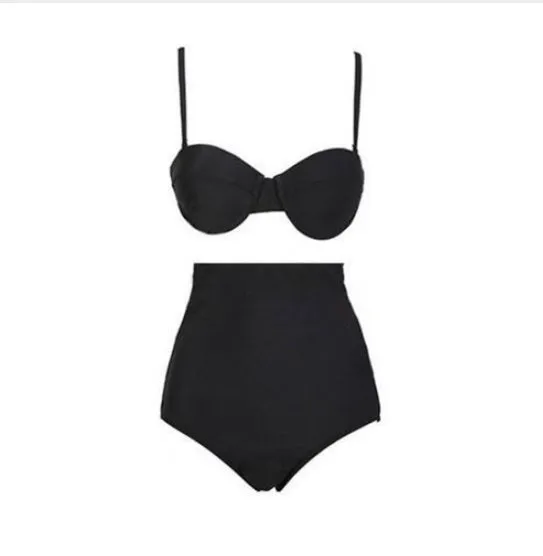 Black solid colour retro high waist bikini swimsuit for women two piece swimwear