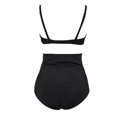 Black solid colour retro high waist bikini swimsuit for women two piece swimwear