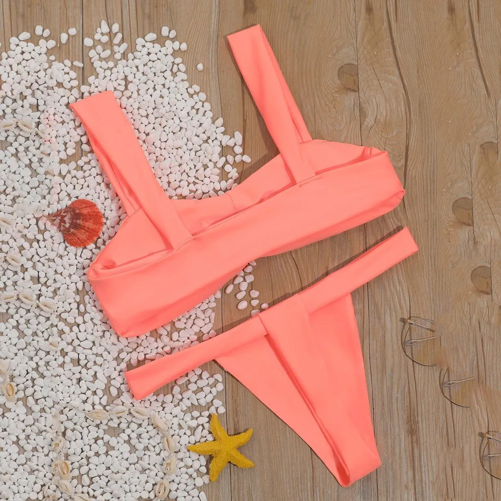 Solid colour orange split bikini swimsuit with tie-side fastening for women