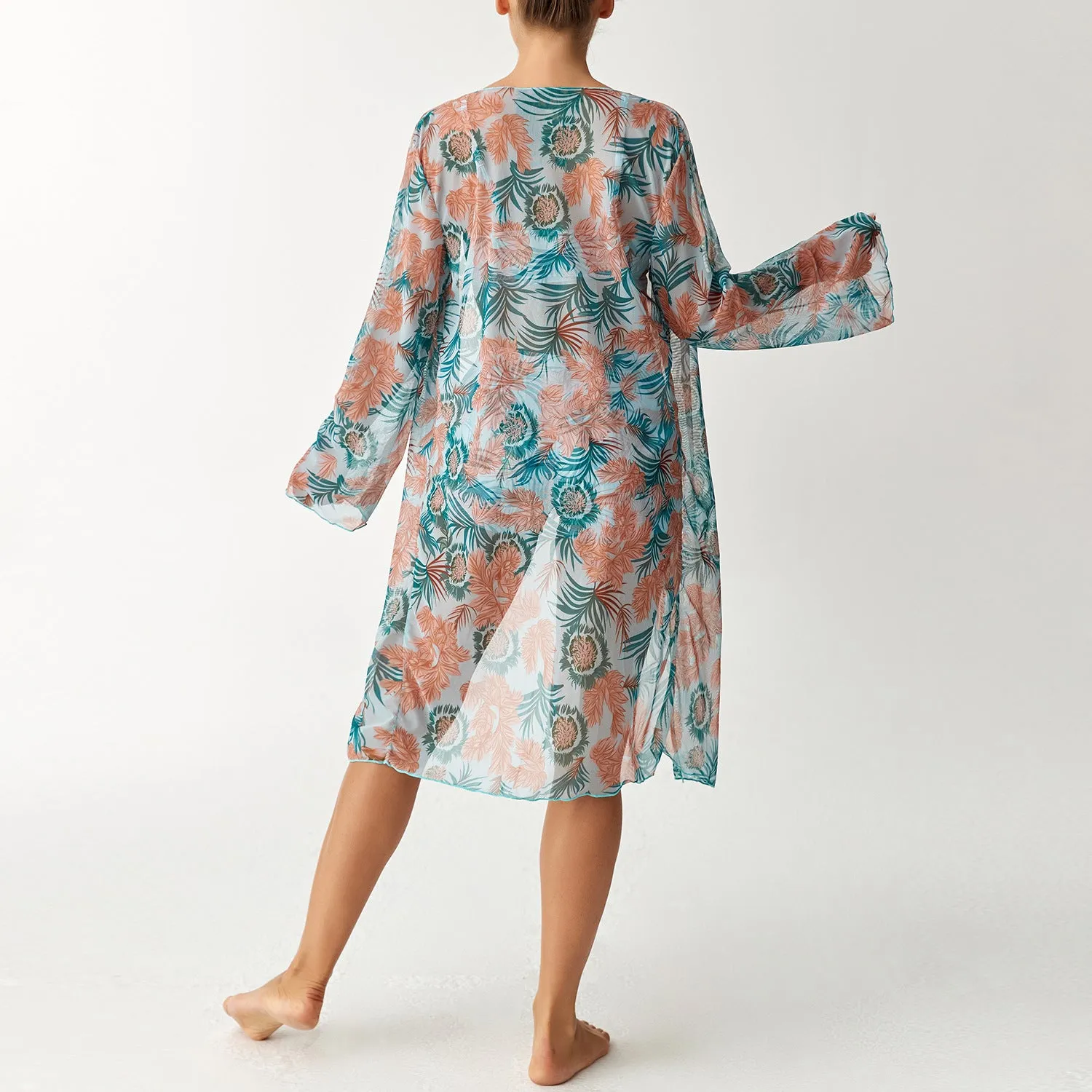 Women's three-piece swimsuit set with long sleeve blouse in pink, black, white, and sapphire blue