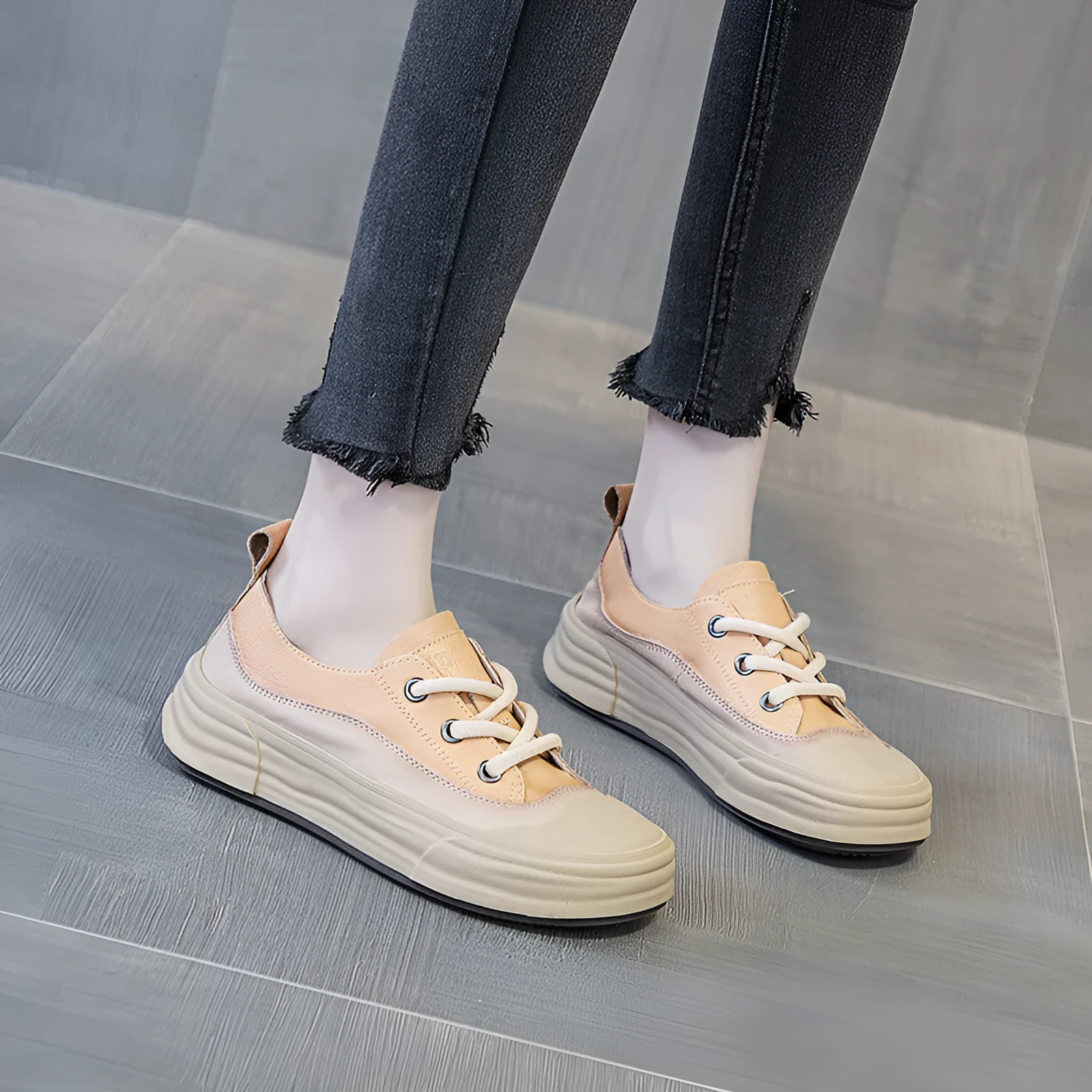 Women's matcha green leather platform sneakers with round toe and white laces on a flat sole.