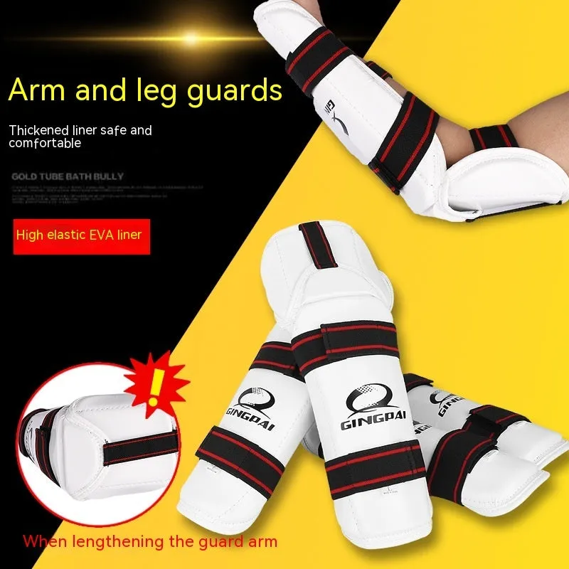 Taekwondo arm guards and leg protectors set in black PU EVA foam on a white background.