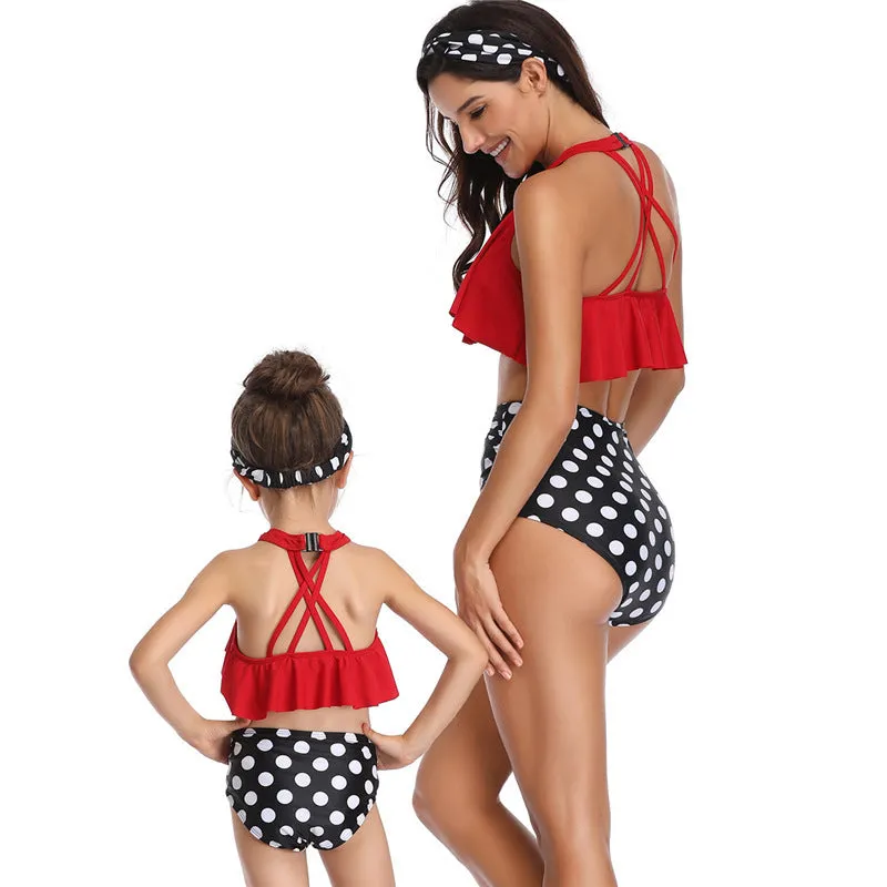 Baby girls women nylon swimsuit in flower orange red child adult sizes with chest pad
