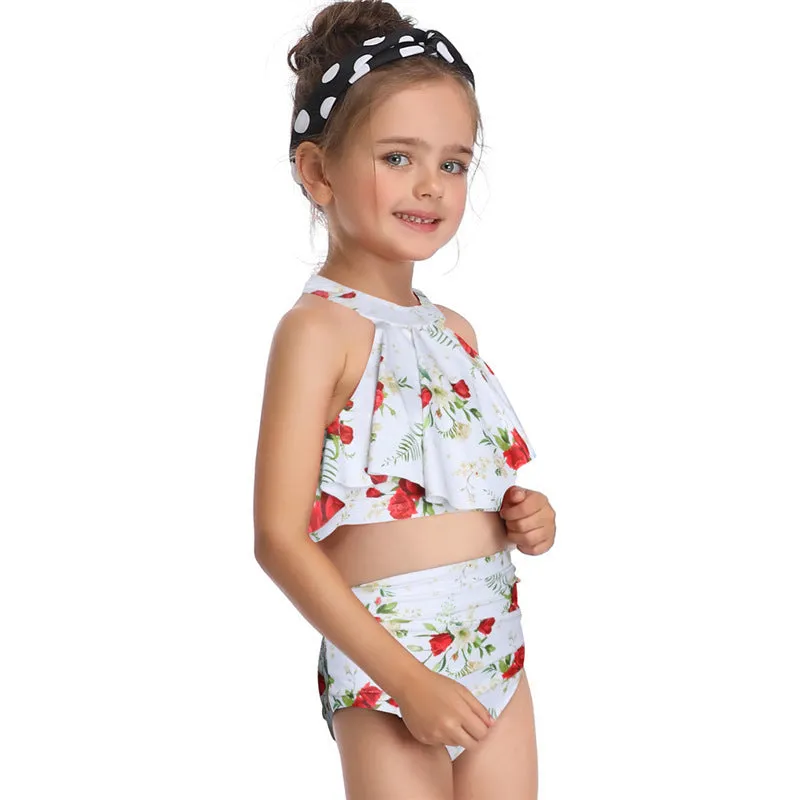 Baby girls women nylon swimsuit in flower orange red child adult sizes with chest pad