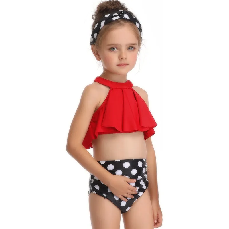 Baby girls women nylon swimsuit in flower orange red child adult sizes with chest pad