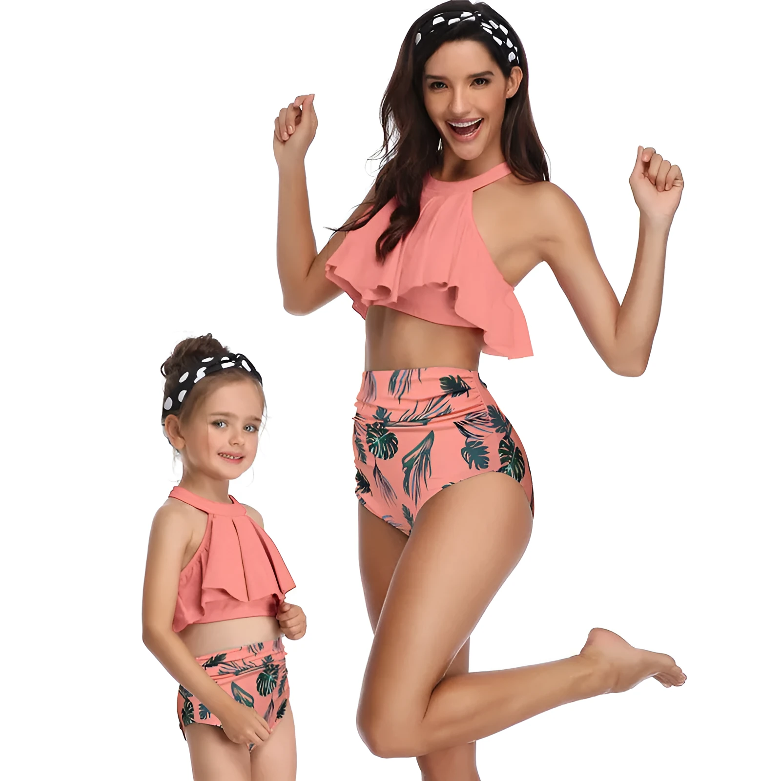 Baby girls women nylon swimsuit in flower orange red child adult sizes with chest pad