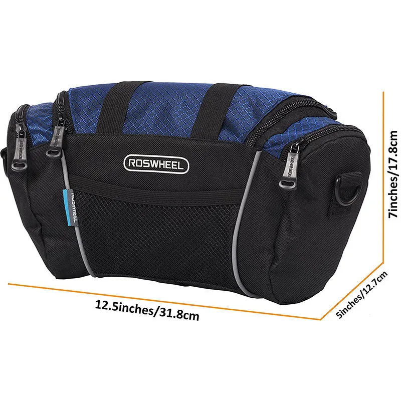 Canvas bicycle handlebar bag in navy blue with 32x11x17cm dimensions for mountain bike use