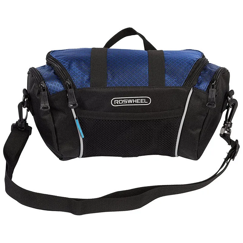 Canvas bicycle handlebar bag in navy blue with 32x11x17cm dimensions for mountain bike use