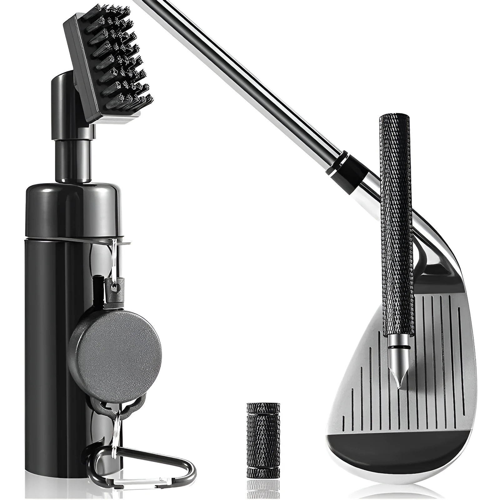 Six black plastic golf club cleaning tools arranged together for groove debris removal