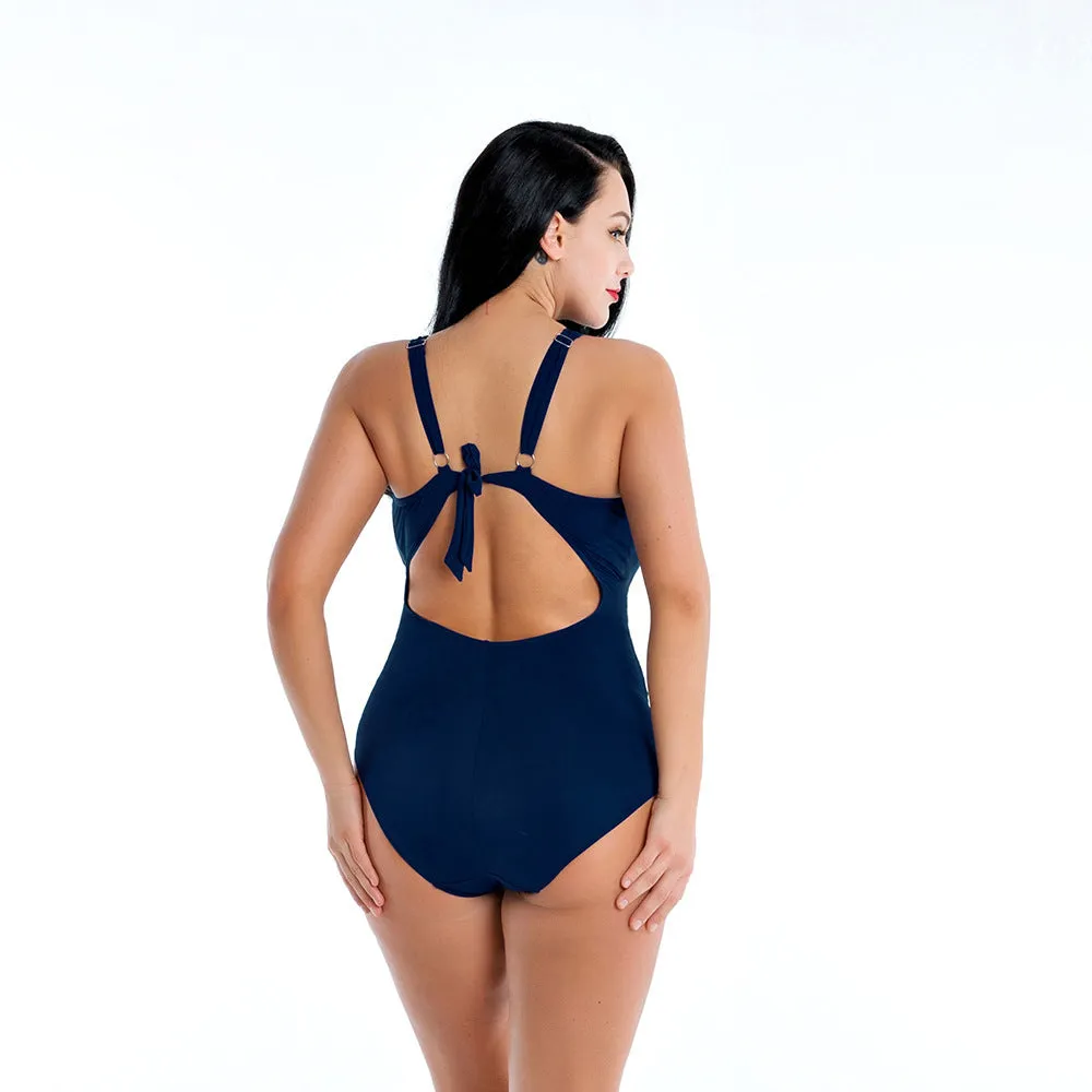 Plus size high-waist one-piece nylon blend swimwear in navy, sizes 4XL to 8XL
