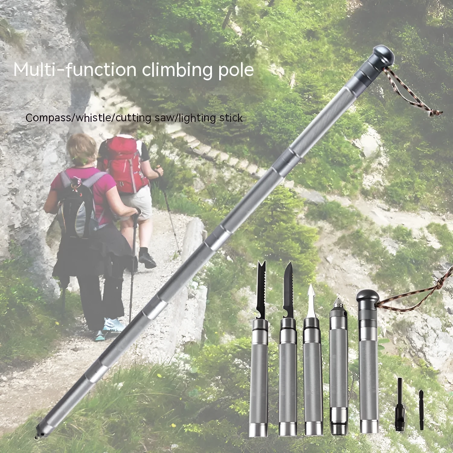 Silver aluminium alloy folding hiking stick 95cm for outdoor hiking and self-defence survival