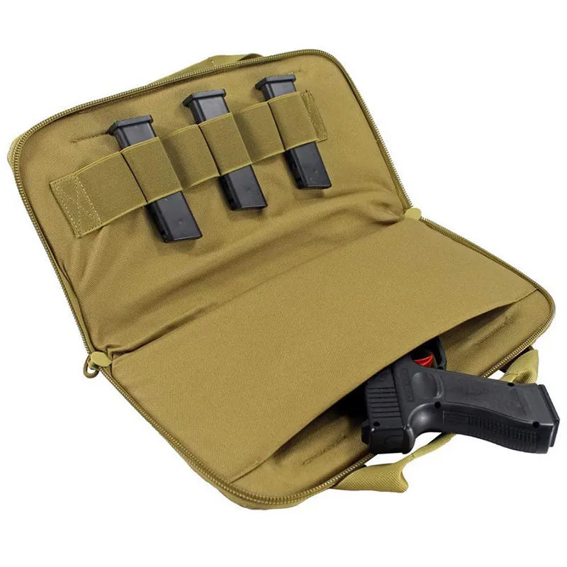 Tactical gun bag in Khaki colour with thick webbing and 15-inch size for pistol storage