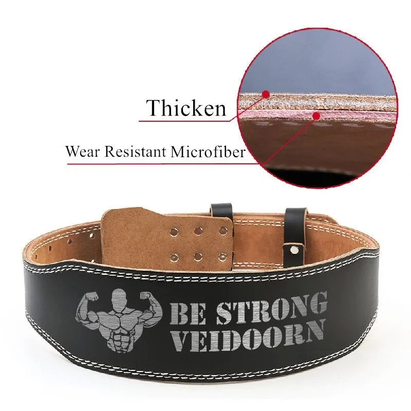 Black narrow cowhide fitness belt with adjustable punching holes for weightlifting core and lumbar support