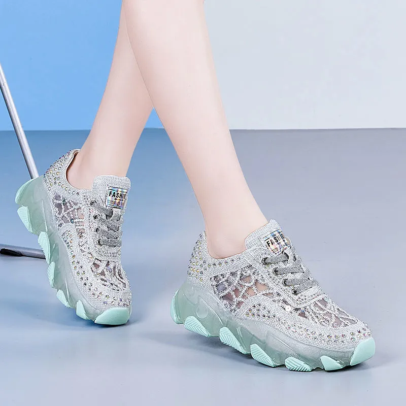 Women's mesh height increasing wedge heel sneakers green white high top breathable casual basketball trainers