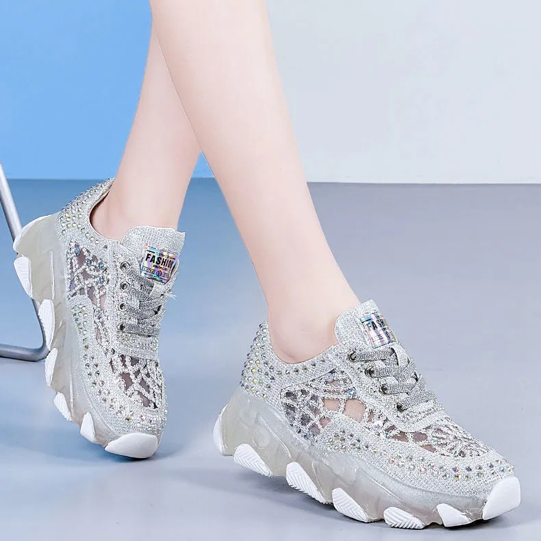 Women's mesh height increasing wedge heel sneakers green white high top breathable casual basketball trainers