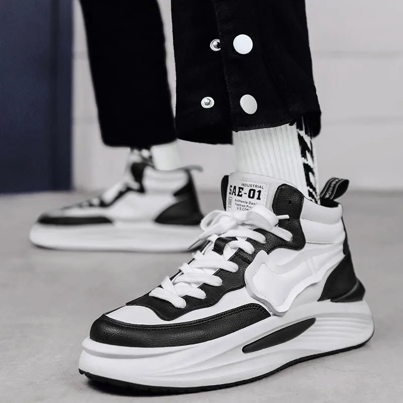 Men's black high-top platform board shoes with round toe and wear-resistant sole