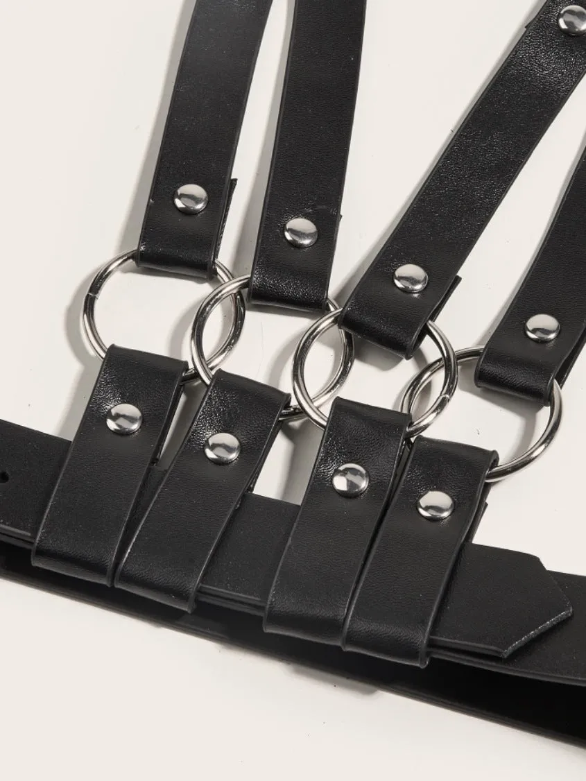 Women's black PU bondage and discipline underwear set with top and bottom pieces and bowknot handcuffs