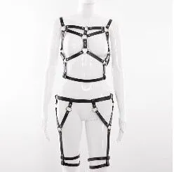 Women's black PU bondage and discipline underwear set with top and bottom pieces and bowknot handcuffs