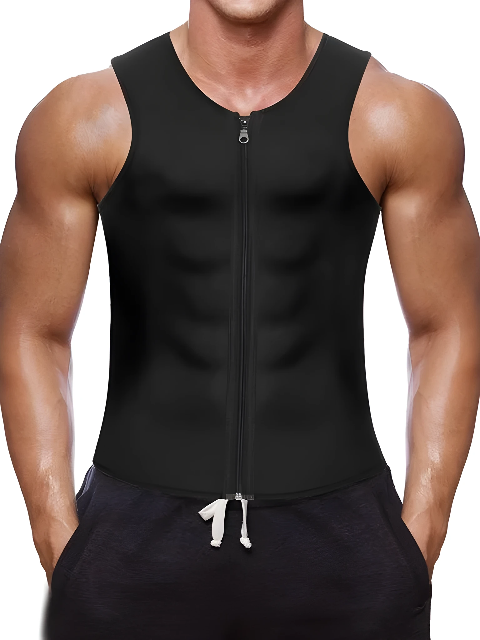 Black fitness sports sweat zipper vest with full front zipper, suitable for gym training in sizes S to 4XL