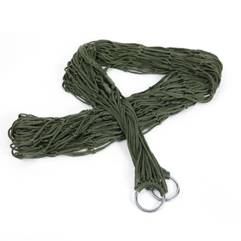 Nylon rope mesh hammock in bold blue on a green background with tie rope and cloth bag