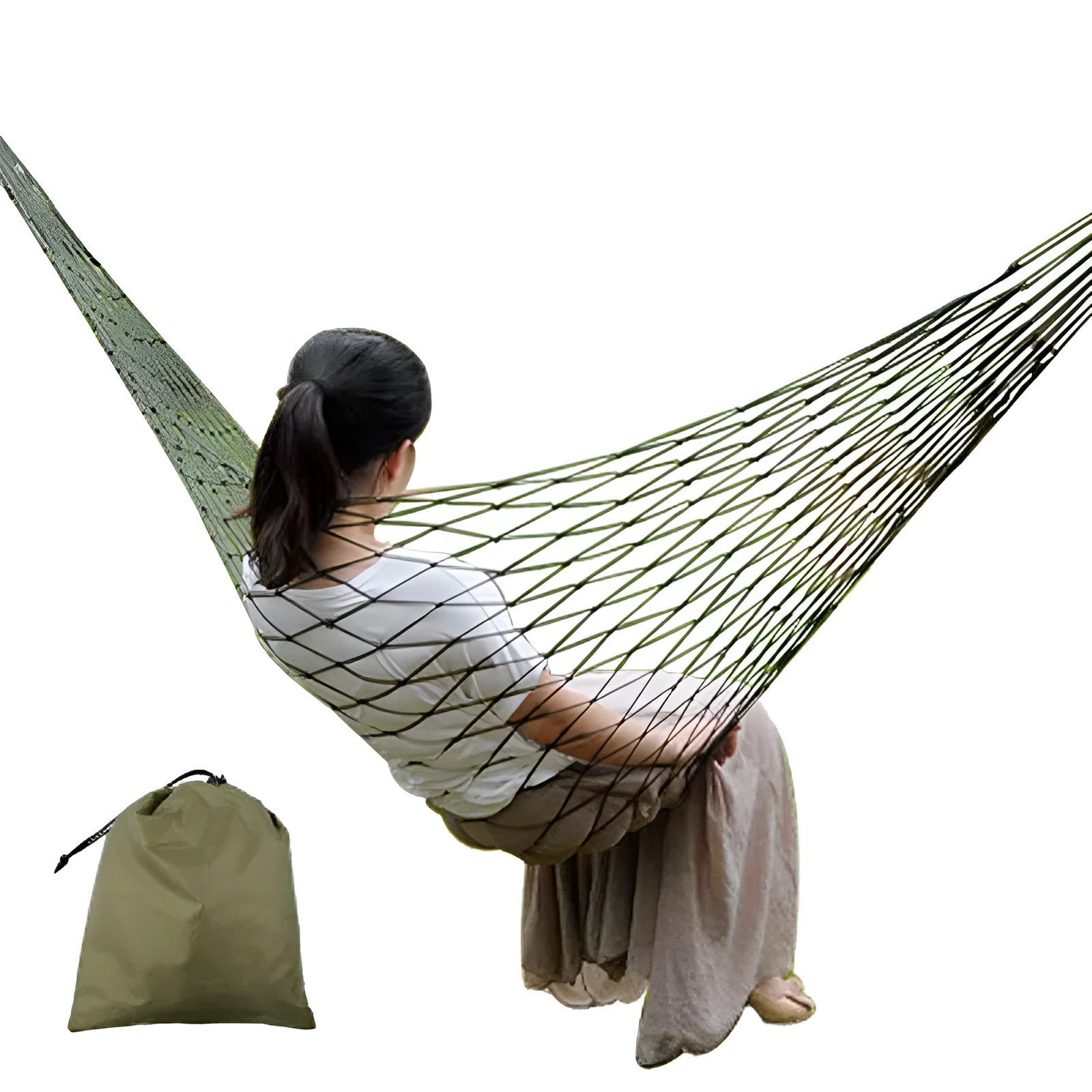Nylon rope mesh hammock in bold blue on a green background with tie rope and cloth bag