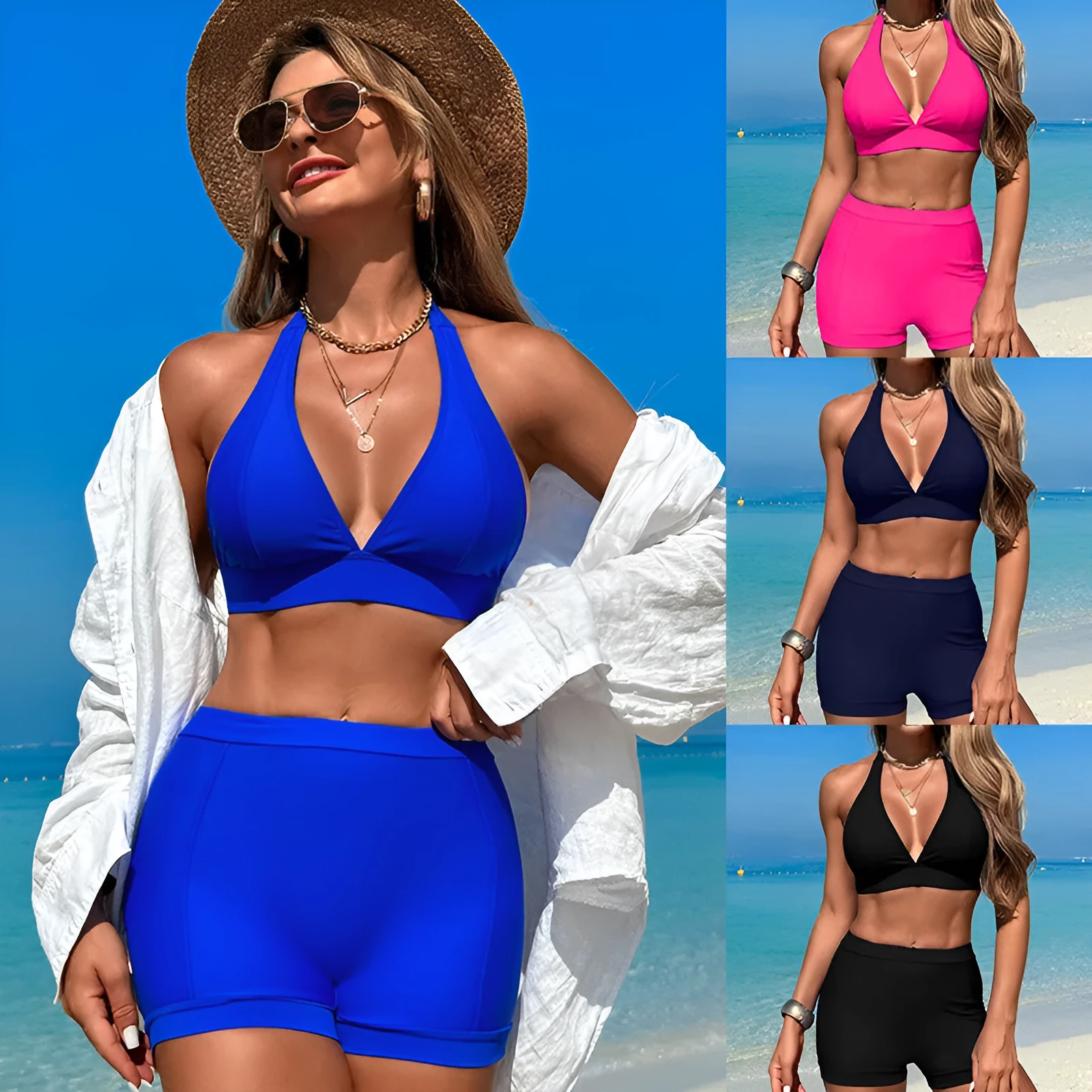 Women's black nylon bikini swimsuit on a hanger with other colour options shown.