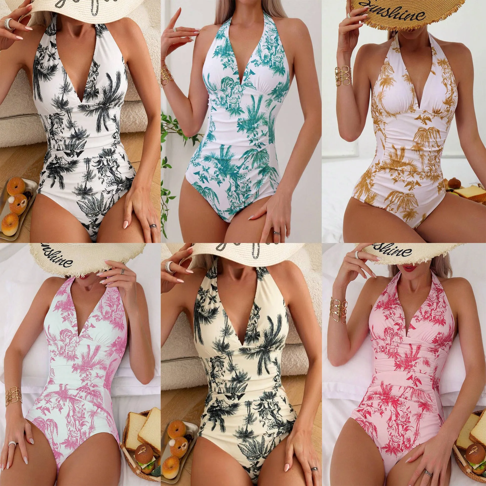 Women's printed V-neck one-piece swimsuit in polyester fabric with lining