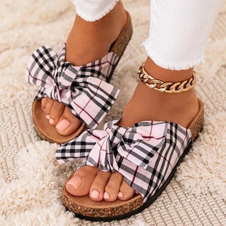 Summer ladies sandals with bowknot flat sole, breathable viscose, in white colour, side view