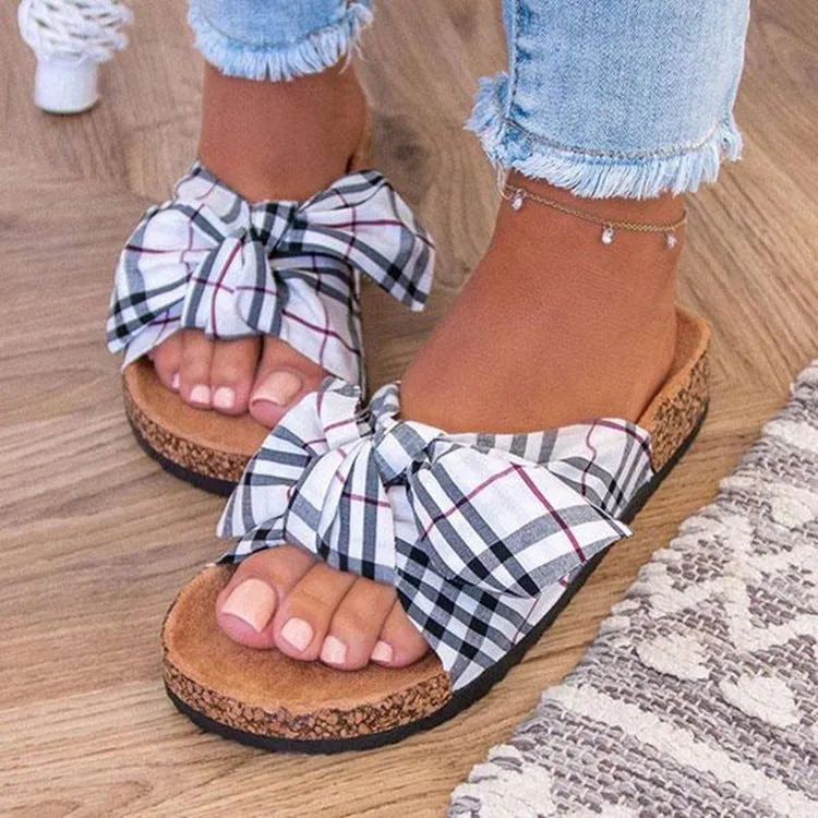 Summer ladies sandals with bowknot flat sole, breathable viscose, in white colour, side view