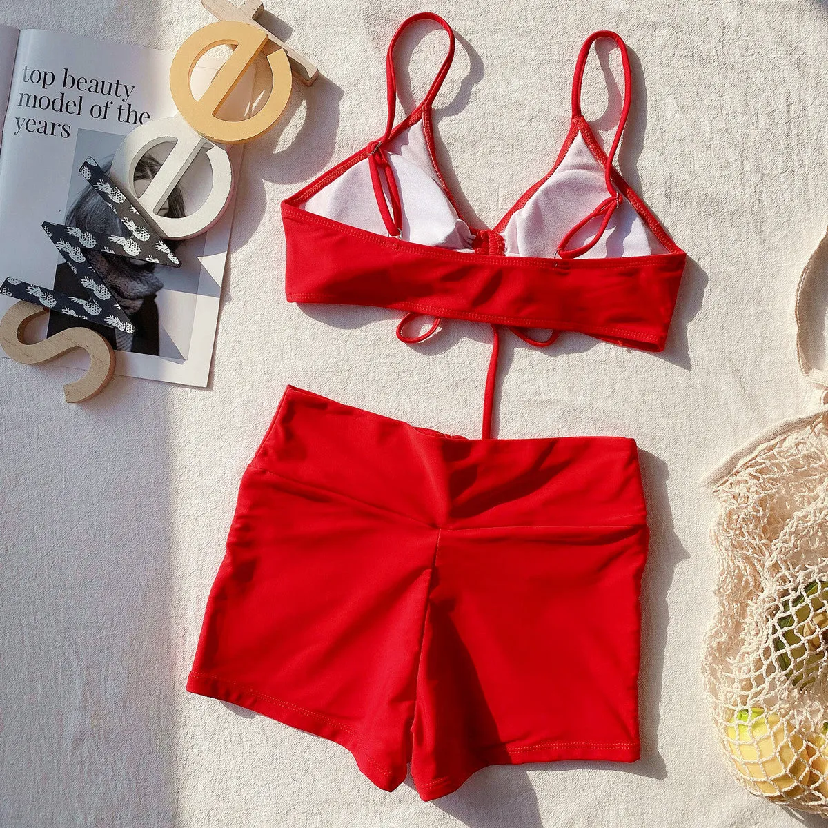 Women's high waist split swimsuit bikini set in red, sleeveless top and shorts, nylon fabric