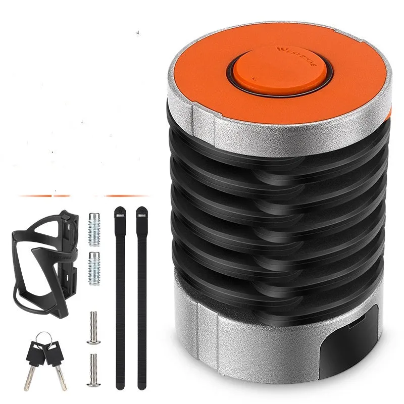 A black and orange portable bicycle folding lock shown in its compact, folded form.