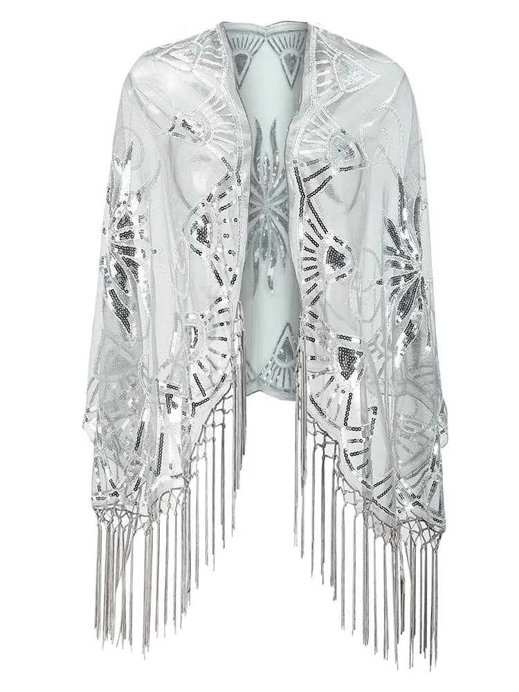 Flapper Gatsby mesh cover up dress accessory with abstract pattern, V-neck, high waist, zipper closure, in silver colour