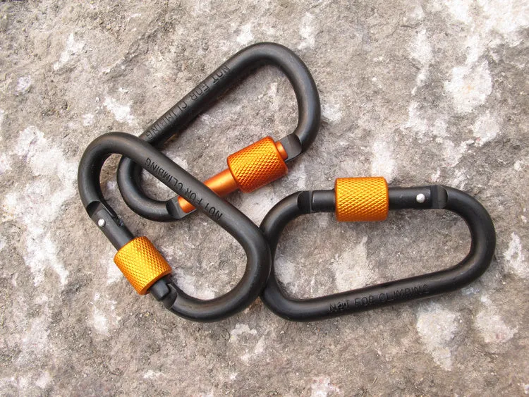 80mm aluminium alloy D-shape carabiner key ring clip with polished finish, 22 grams, black colour