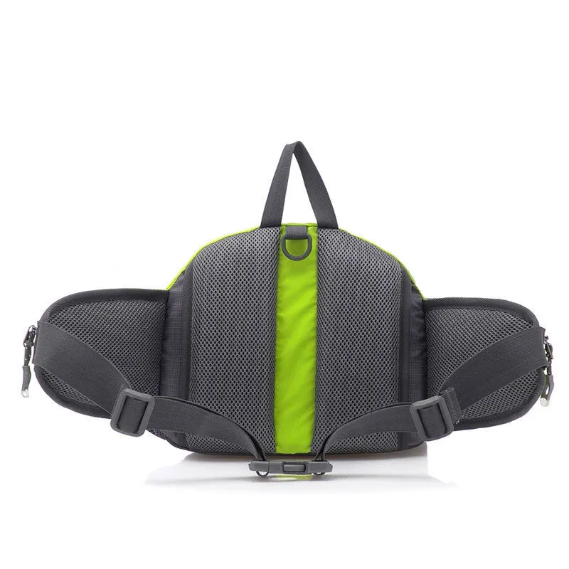 Multi function outdoor backpack in black showing 5L nylon compact profile with strap for waist and shoulder use