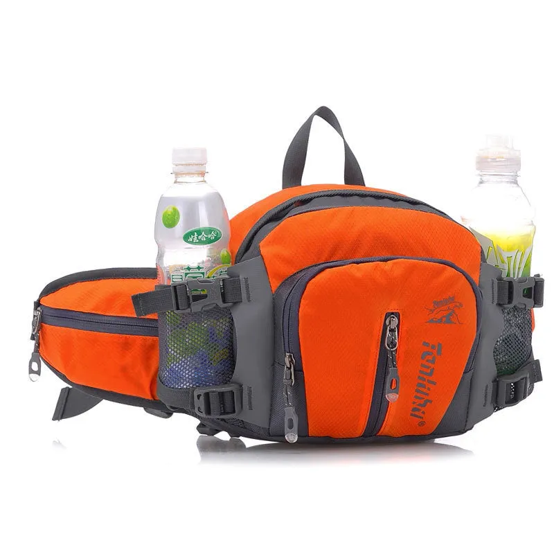 Multi function outdoor backpack in black showing 5L nylon compact profile with strap for waist and shoulder use