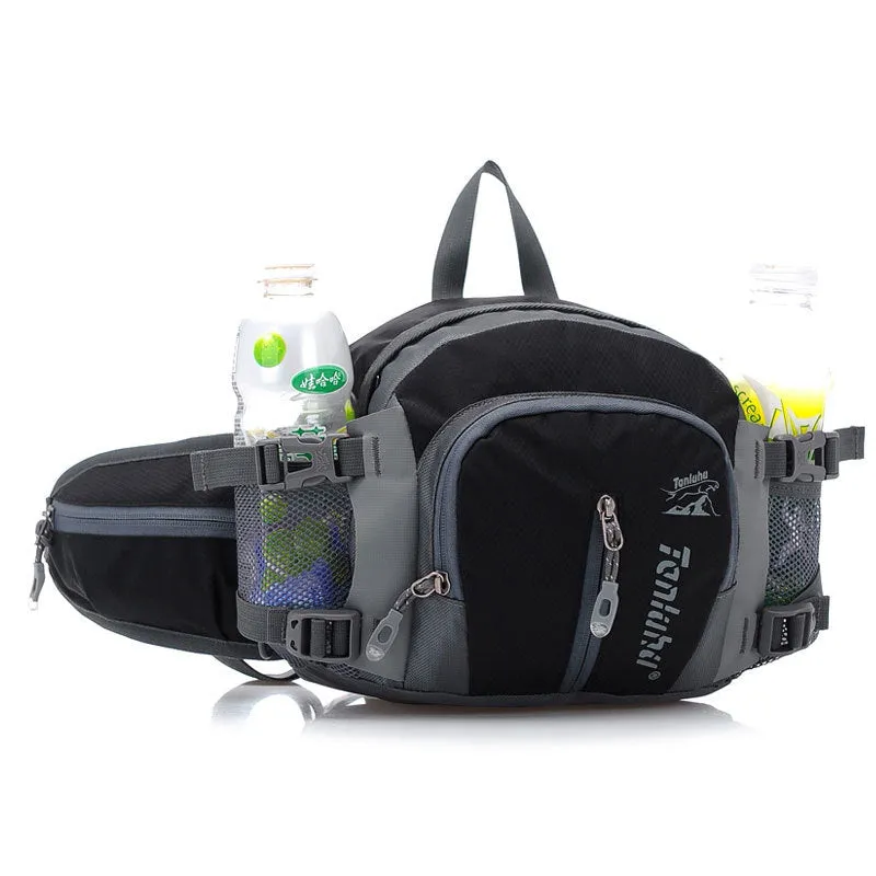 Multi function outdoor backpack in black showing 5L nylon compact profile with strap for waist and shoulder use