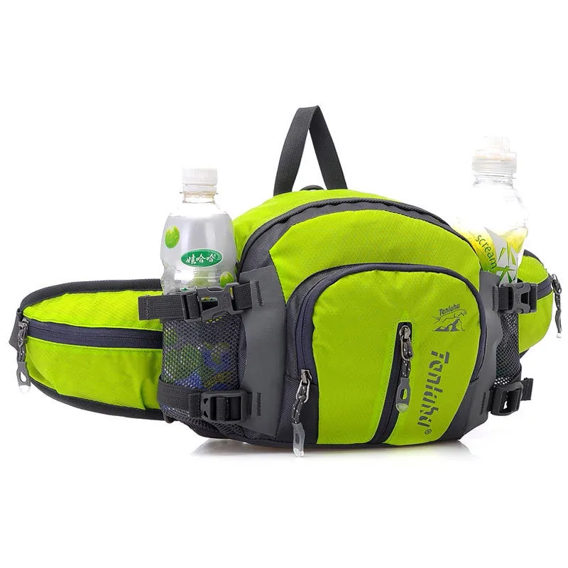 Multi function outdoor backpack in black showing 5L nylon compact profile with strap for waist and shoulder use