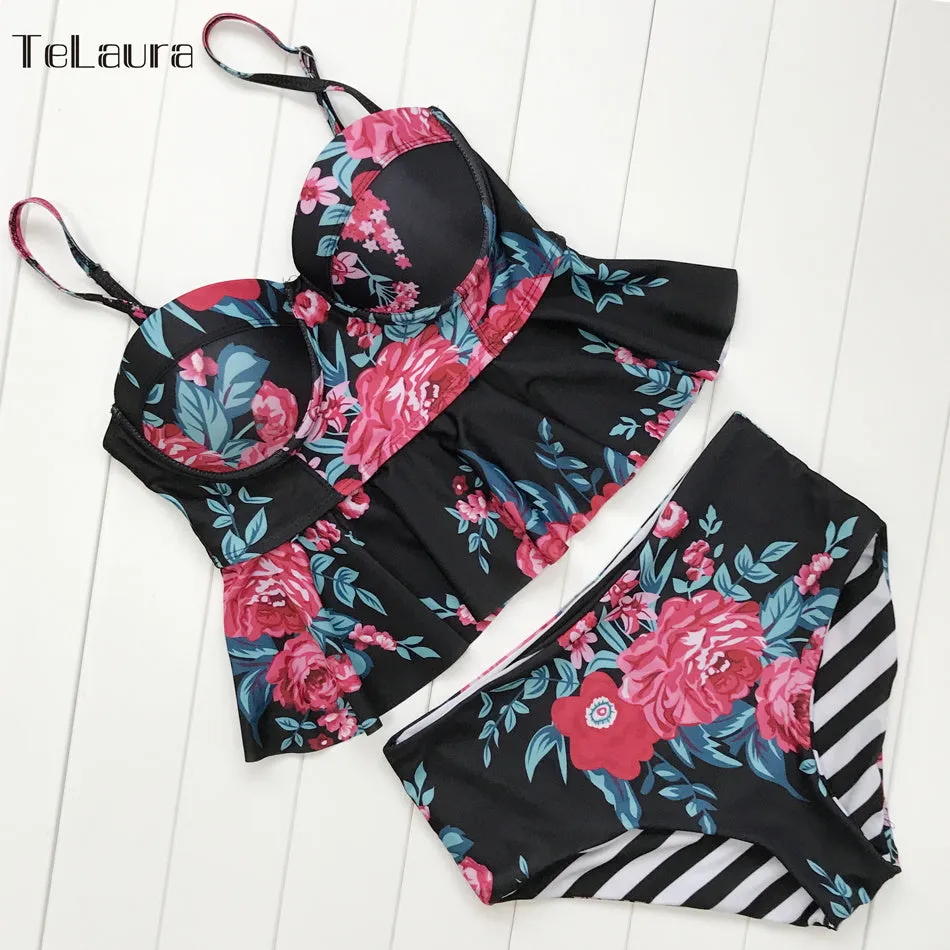 Two piece floral high waisted push up bikini swimwear for women tankini style