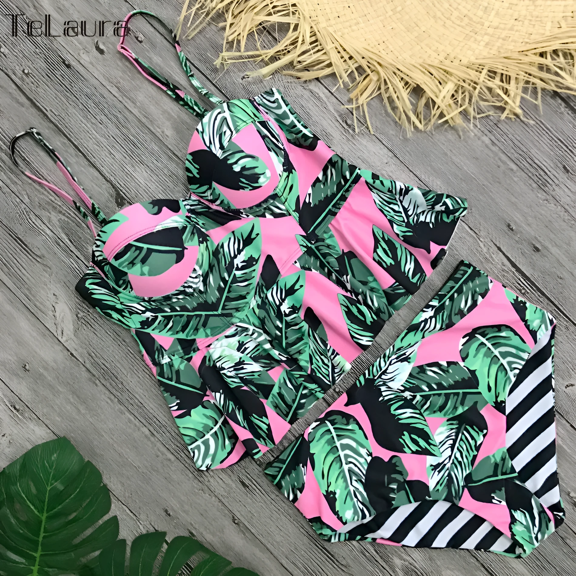 Two piece floral high waisted push up bikini swimwear for women tankini style