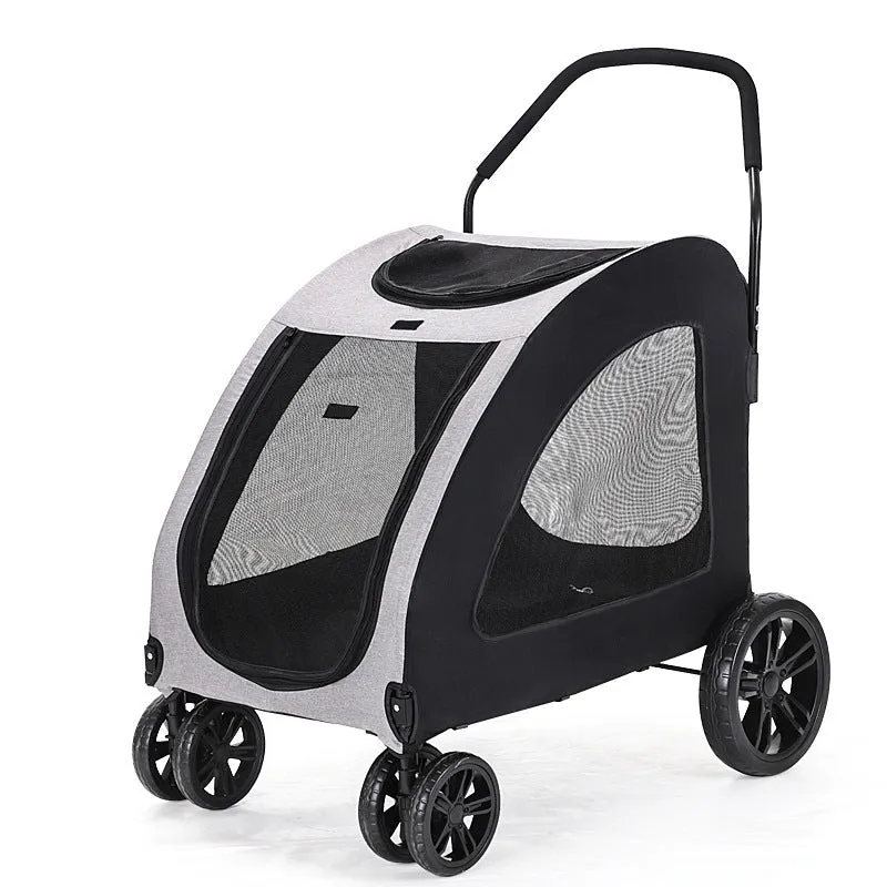 Grey foldable pet stroller for medium to large dogs with metal frame and cloth body