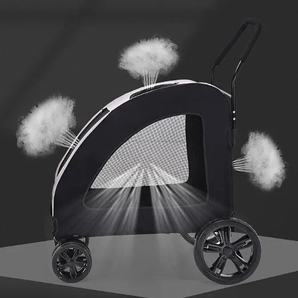 Grey foldable pet stroller for medium to large dogs with metal frame and cloth body
