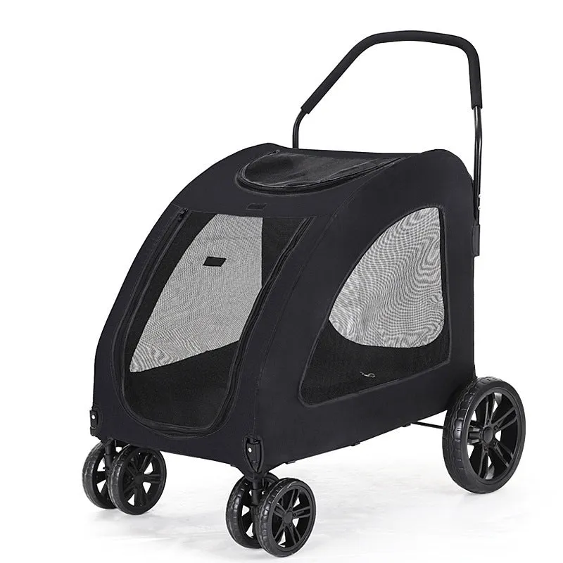 Grey foldable pet stroller for medium to large dogs with metal frame and cloth body